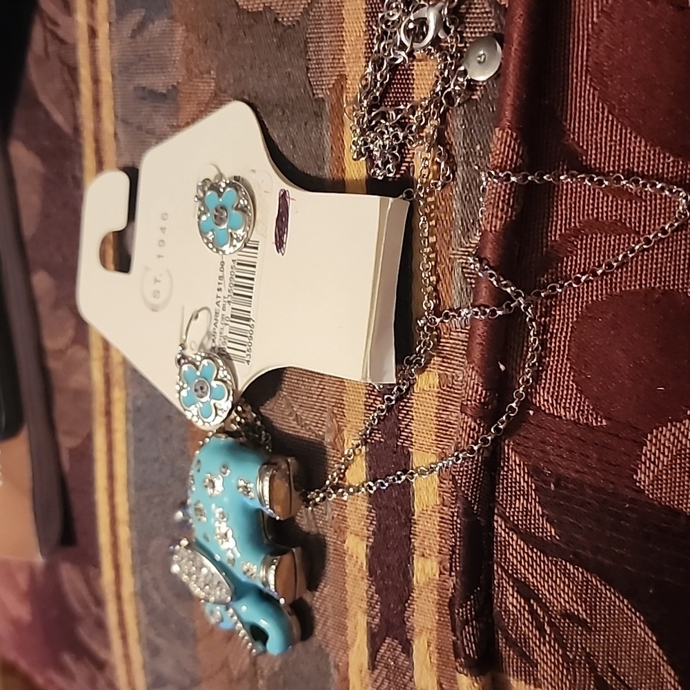 Siver turquoise long necklace with earrings